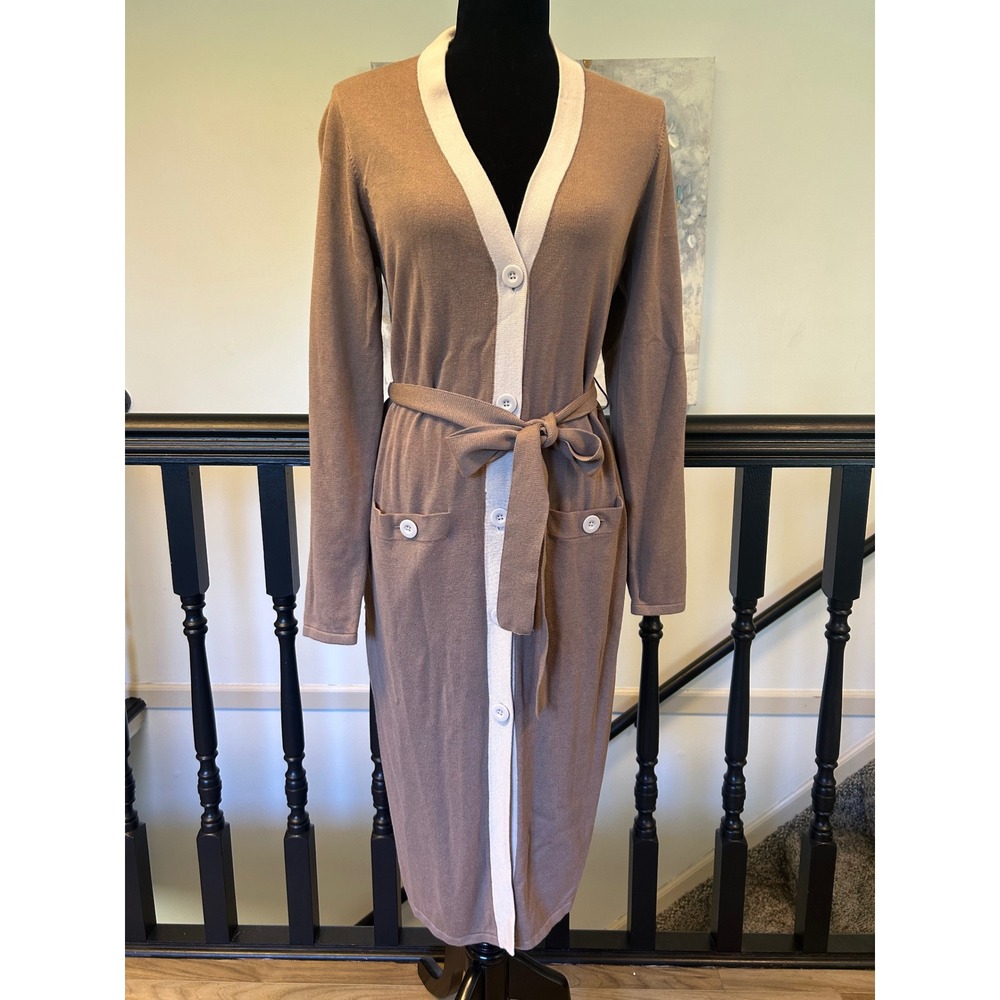 Cabi Genteel Cardigan 6161 Taupe Longline Belted Duster Sweater Womens M NEW